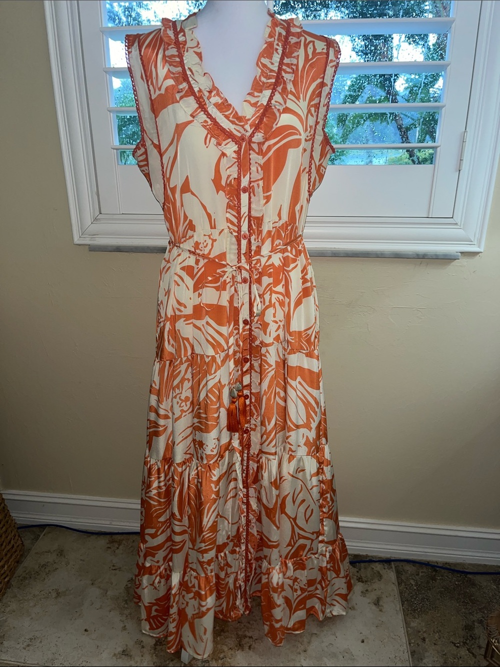 Sleeveless Orange and Cream Tiered Maxi Dress with Ruffle V-Neck